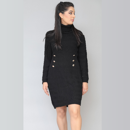 High Neck Buttoned Knitted Dress